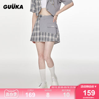 GUUKA潮牌格子拼接百褶裙女夏季 学生嘻哈风西装短裙女设计感小众