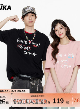 张函瑞同款GUUKA潮牌美式短袖T恤男夏季情侣装重磅纯棉正肩半袖女