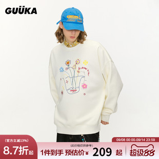 GUUKA潮牌白色立体花朵刺绣圆领卫衣男 加绒落肩卫衣宽松 情侣冬季