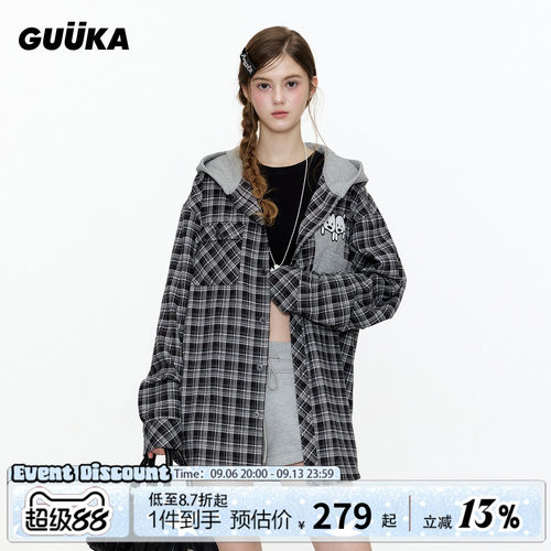 GUUKA美式格子长袖衬衫