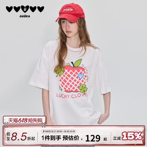 GUUKA甜美苹果四叶草发泡印花T恤
