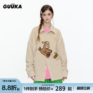落肩衬衣外套宽松 GUUKA潮牌复古灯芯绒长袖 衬衫 女 兔子刺绣POLO衫
