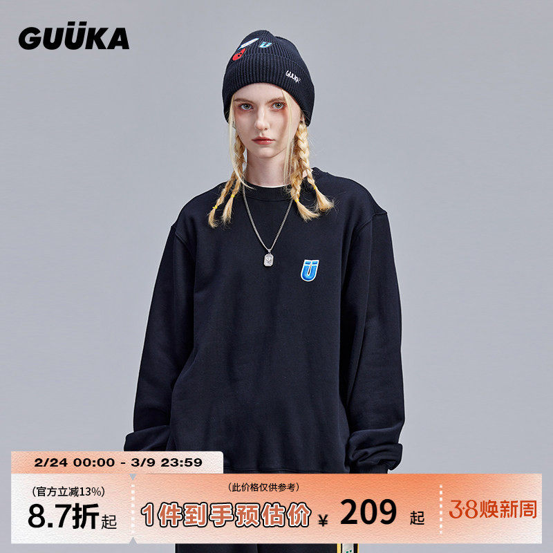 GUUKA黑色圆领卫衣女春秋新款潮牌 情侣美式极简刺绣上衣oversize