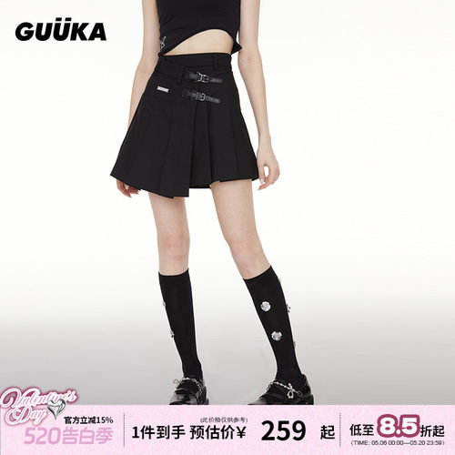 Guuka潮牌黑色皮扣百褶裙嘻哈