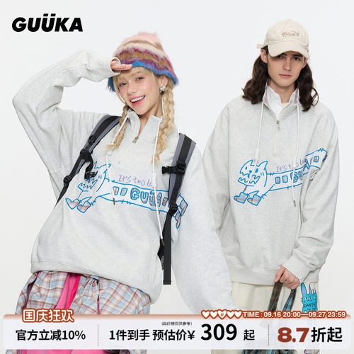 GUUKA美式猫咪巴士半拉链卫衣
