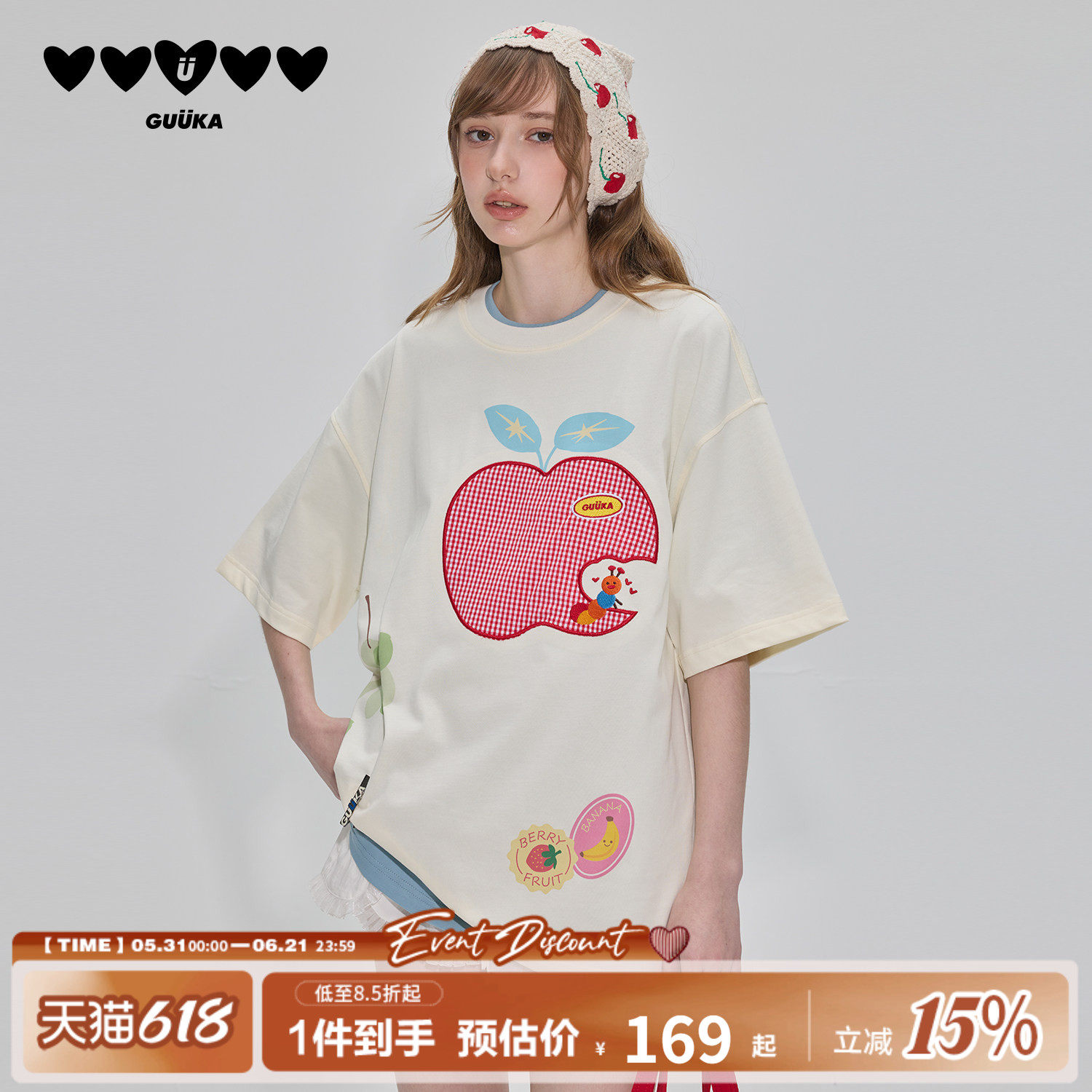 GUUKA潮牌白色苹果刺绣短袖t恤女生2026新款重磅纯棉落肩半袖宽松