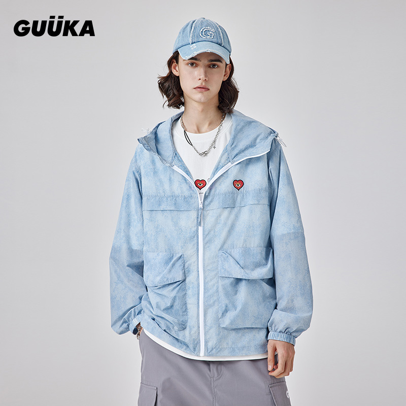 GUUKA蓝灰色扎染连帽防晒衣