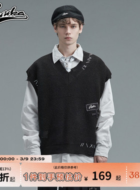 GUUKA黑色针织毛衣男潮牌 王源同款运动破洞牛仔贴布V领马甲宽松