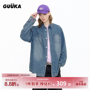 衬衣 男长袖 花卉刺绣做旧外套宽松 复古蓝色牛仔衬衫 GUUKA潮牌美式