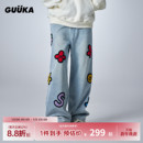 GUUKA&Agaho联名美式 子直筒长裤 牛仔裤 情侣刺绣裤 宽松 男 小何同款