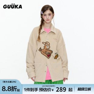 落肩衬衣外套宽松 GUUKA潮牌复古灯芯绒长袖 衬衫 女 兔子刺绣POLO衫