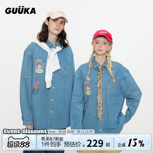 GUUKA春季美式复古牛仔衬衫