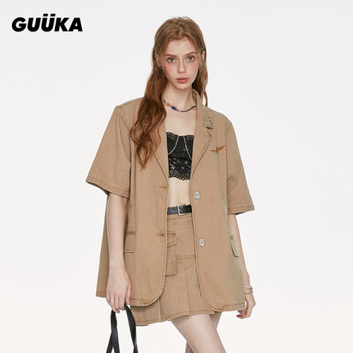 GUUKA水洗做旧中长款牛仔夹克