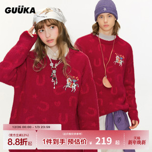 针织衫 GUUKA马年本命年衣服仿貂毛红色毛衣冬季 情侣装 新款 宽松 男