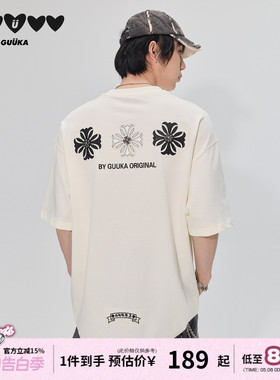 GUUKA潮牌白色重磅纯棉t恤男夏季美式短袖哥特风PU皮刺绣落肩半袖
