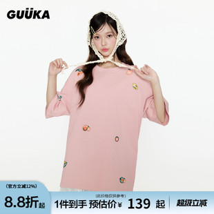 T恤女水果印花落肩半袖 GUUKA潮牌粉色重磅纯棉短袖 多巴胺上衣宽松