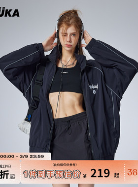 GUUKA潮牌黑色立领外套女秋季新款 情侣户外轻薄哥特字体夹克宽松