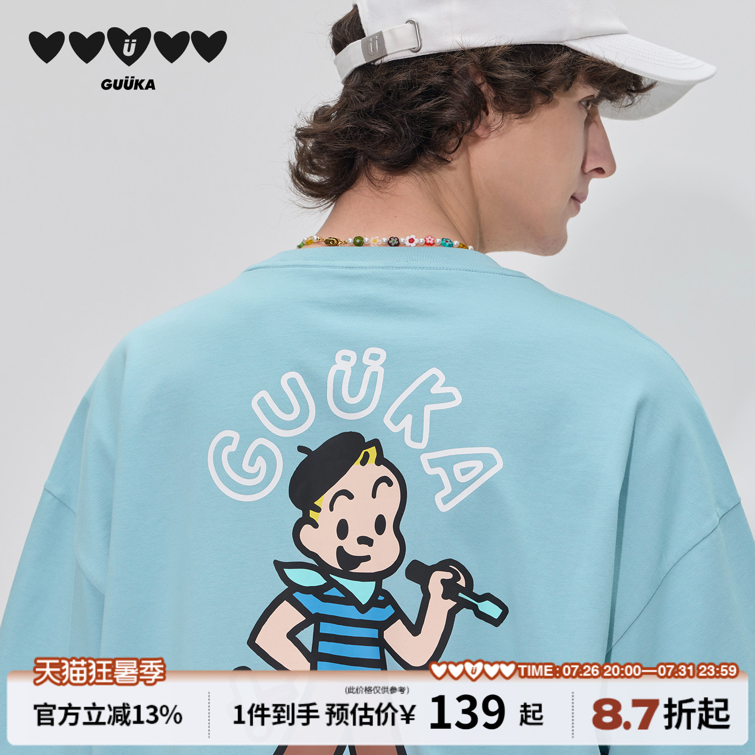 GUUKA&原田治联名杰克圆领短袖T恤男夏季 重磅纯棉立体书落肩半袖 - 实物图