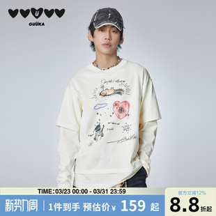 烫钻纯棉正肩圆领上衣 新款 GUUKA潮牌白色猫咪假两件长袖 t恤男春季