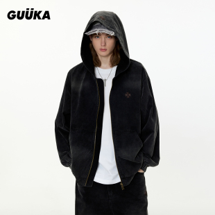 GUUKA美式 复古水洗落肩连帽外套宽松 潮牌花卉刺绣黑色夹克男秋季