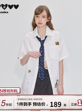 李煜东同款GUUKA&原田治联名小猫白色短袖衬衫女夏季衬衣正肩外套