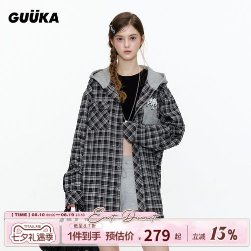 GUUKA美式格子长袖衬衫