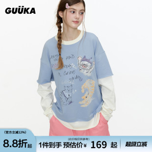GUUKA潮牌猫咪重磅纯棉长袖 T恤女假两件多巴胺浅蓝色上衣落肩宽松