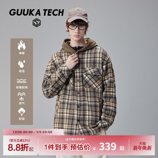 长袖 GUUKA 男款 复古衬衫 衬衣绵羊毛连帽格子外套落肩宽松 TECH美式
