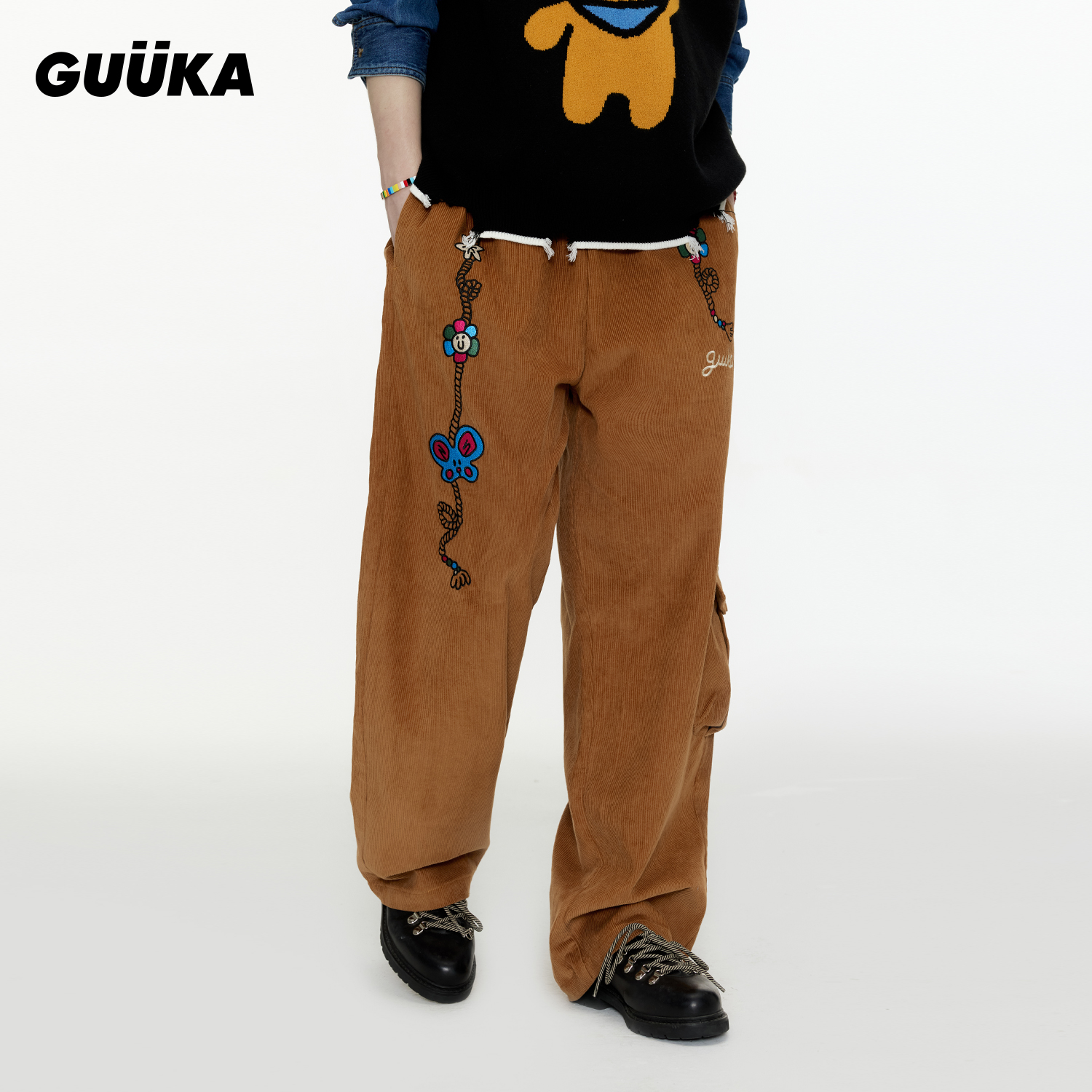 GUUKA老鼠蝶刺绣复古灯芯绒裤子
