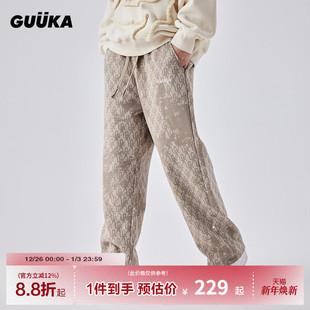 复古收褶廓形直筒裤 GUUKA灰褐色卫裤 美式 新款 宽松 男加绒加厚冬季