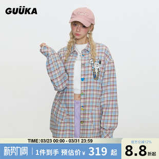 衬衣冰淇淋兔子落肩外套宽松 超好看长袖 GUUKA潮牌绿色格子衬衫 女
