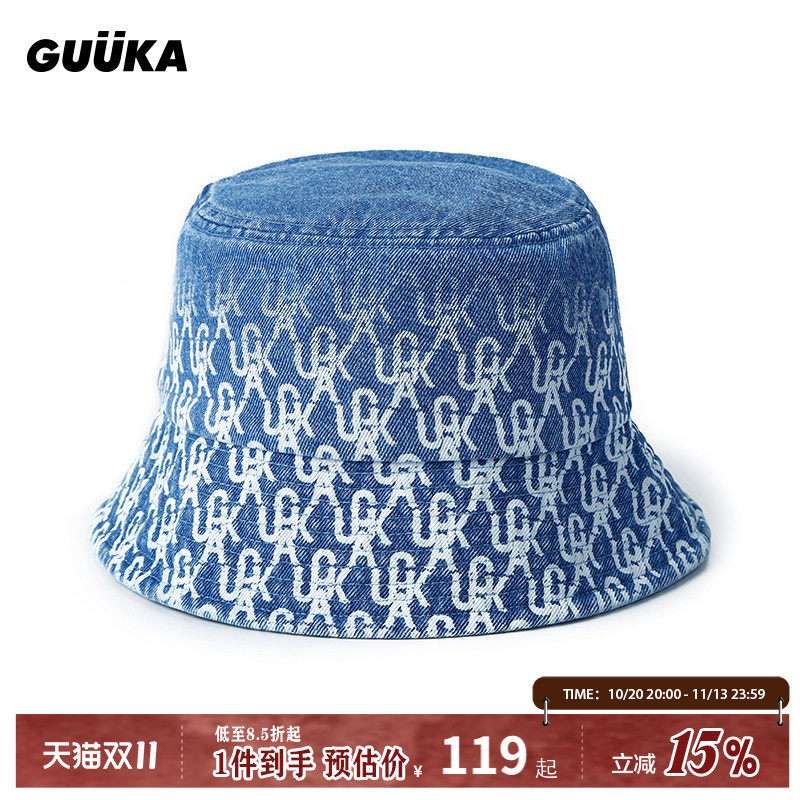 GUUKA潮牌牛仔蓝渐变渔夫帽男春季新款 情侣嘻哈宽帽檐满印帽子女