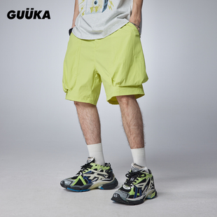 宽松 GUUKA潮牌荧光绿短裤 男夏季 新款 情侣多巴胺穿搭大口袋五分裤
