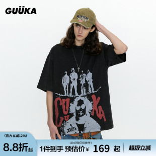 宽松 T恤男夏重磅纯棉复古水洗落肩半袖 GUUKA潮牌黑色美式 高街短袖
