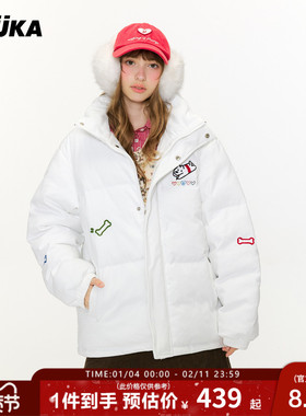 GUUKA&matsui联名白色小狗刺绣冬季棉服女灯芯绒立领棉衣正肩外套