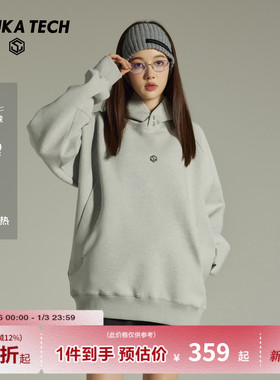 GUUKA TECH美式灰色连帽加绒卫衣女空气层帽衫活页设计插肩袖上衣