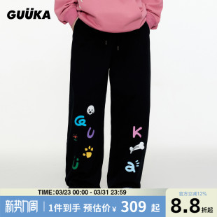 子直筒堆堆裤 阔腿裤 男美式 GUUKA&matsui联名小狗重磅纯棉黑色卫裤