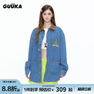 灯芯绒翻领正肩薄款 衬衣 外套 女仙人掌长袖 GUUKA潮牌蓝色牛仔衬衫