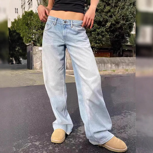 retro high jeans女复古牛仔裤 leg washed wide Women waisted
