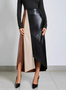 Women PU leather color blocked half body leather skirt女皮裙