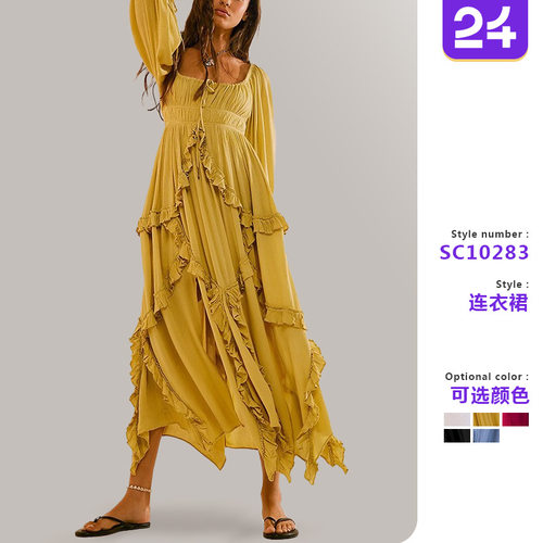 Women's U-neck ruffled lace slit dress女荷叶边蕾丝开叉连衣裙
