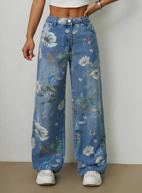 Women loose straight leg wide leg printed jeans女阔腿牛仔裤