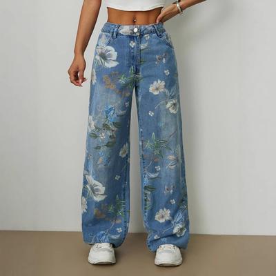 Women loose straight leg wide leg printed jeans女阔腿牛仔裤