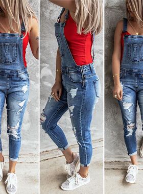 Women ripped denim overalls, long pants, jumpsuit牛仔背带裤