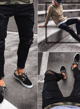 Men black ripped elastic jeans牛仔裤男黑色破洞弹力拉链小脚裤