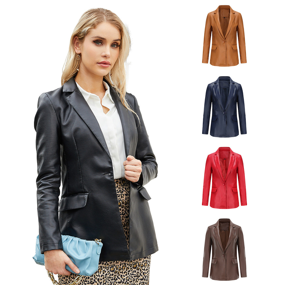 Women's single button leather jacket小西服女单粒扣通勤皮衣