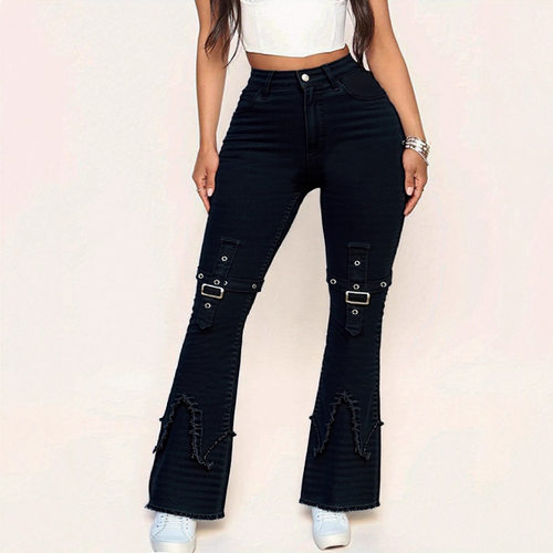 Women's black high waisted elastic flared jeans女黑色牛仔裤