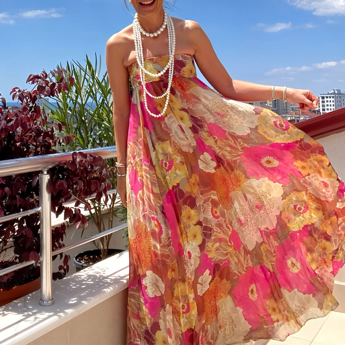 Women's strapless printed dress女装抹胸无袖印花玫红色连衣裙