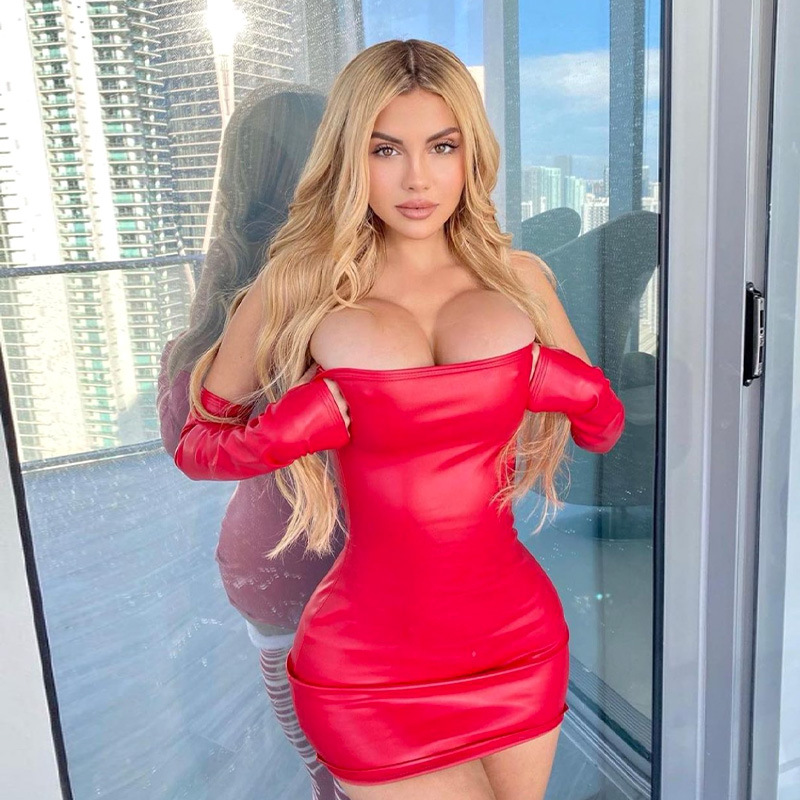 Women's PU leather strapless dress女pu皮抹胸连衣裙+袖套