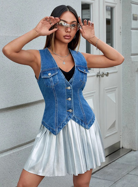 Women denim vest, patchwork denim short jacket女牛仔马甲外套